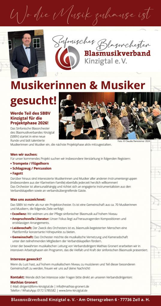 SBBV: Musikerinnnen und Musiker gesucht für Projektphase 2026